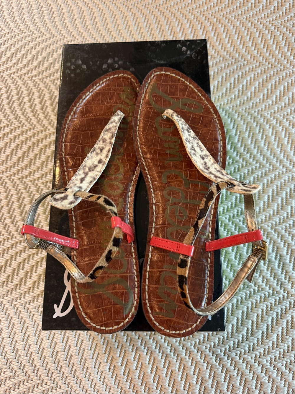 Sam Edelman Gigi Leather Sandals with Snakeskin, Leopard and Pink Accent Straps